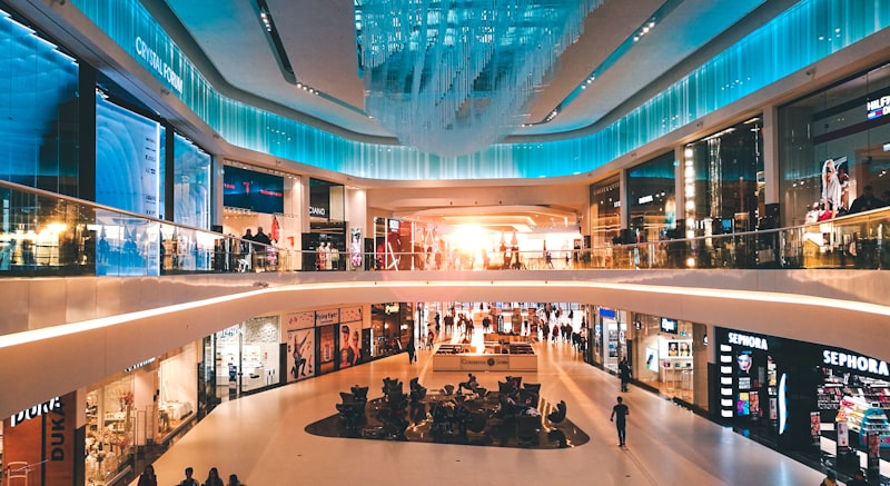 Location Interior of a multi-level shopping mall with shops on each floor