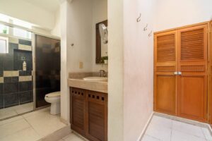 Spaces Bathroom with a black-tiled shower, a stone vanity and a louvered wooden closet